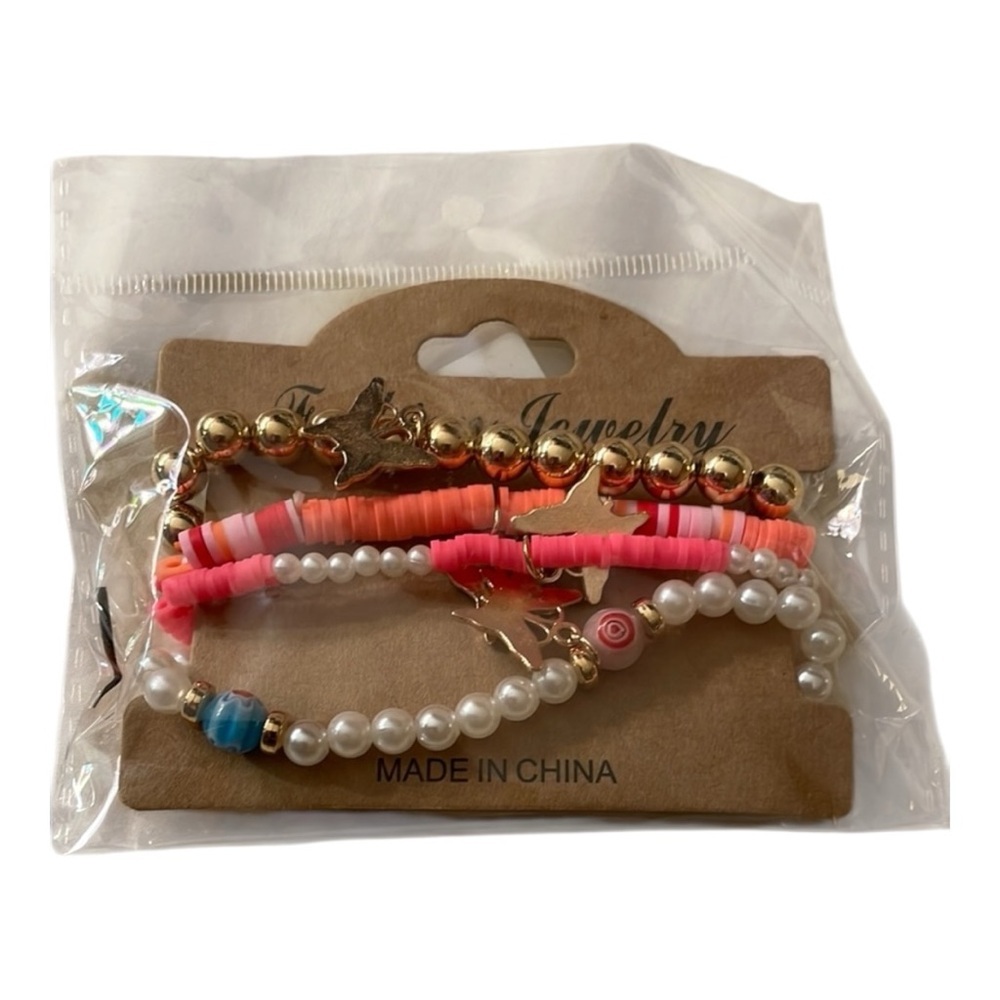 Elastic Gold and Pink Beaded Bracelet Set - Picture 3 of 5